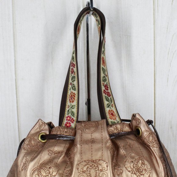 Original by Sharif Gold Vegan Leather Embroidered Drawstring Tote Shoulder Bag - Picture 4 of 13